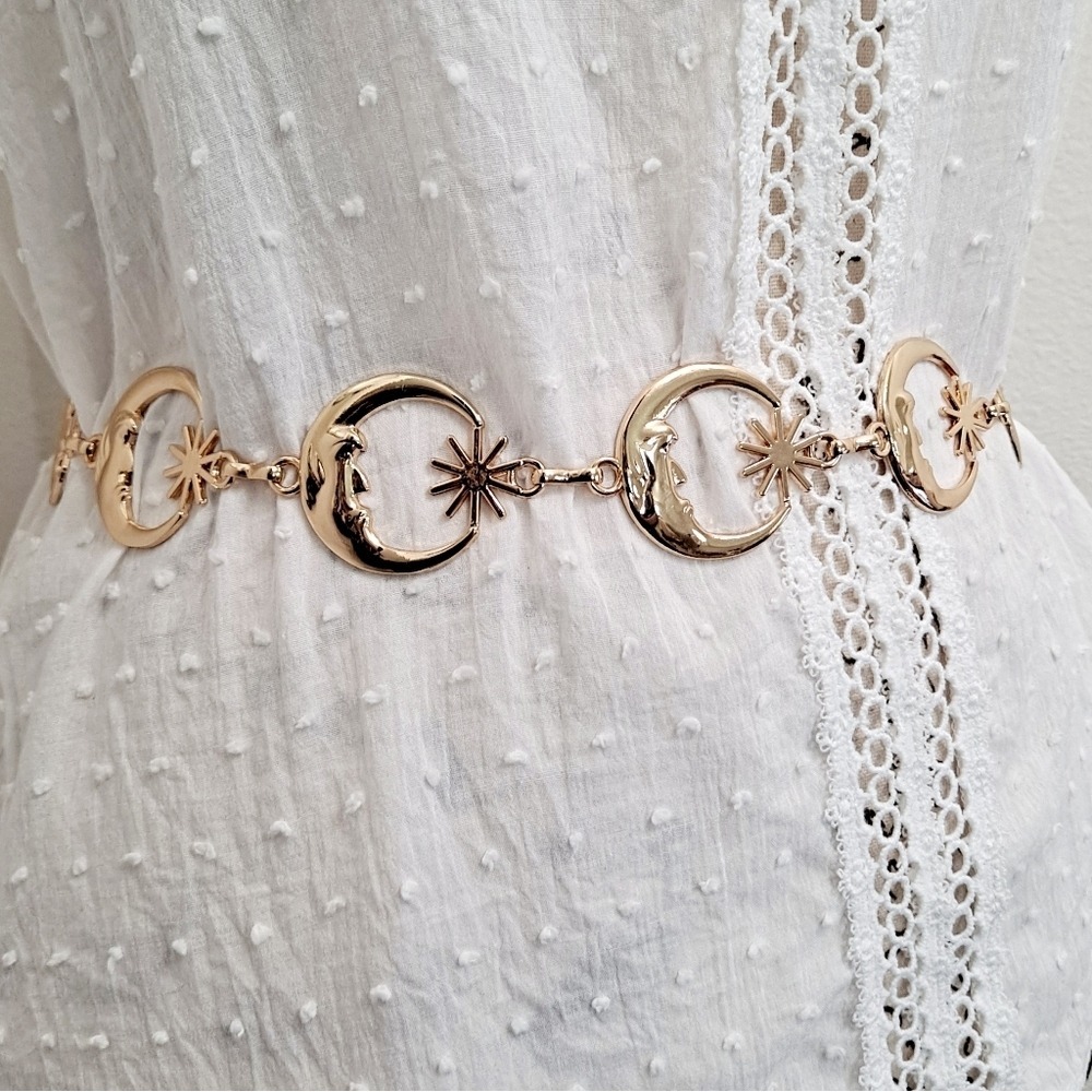 Gold Chain Chunky Boho Moon Sun Waist Belt XS to L Adjustable Celestial whimsy - Picture 11 of 12